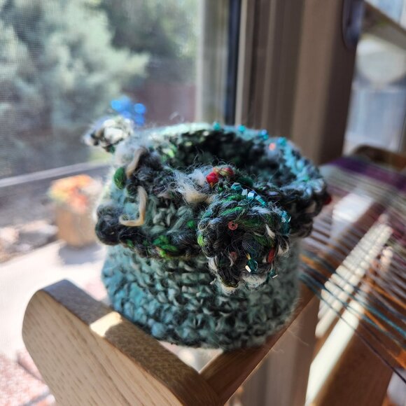 Basket decoration, hand crocheted with wood round base, 4in diameter and 3 tall. - Picture 2 of 4